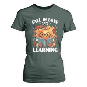 Funny Teacher T Shirt For Women Fall In Love With Learning Autumn Pumpkin Reading Thanksgiving Pumpkin TS11 Dark Forest Green Print Your Wear
