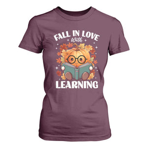 Funny Teacher T Shirt For Women Fall In Love With Learning Autumn Pumpkin Reading Thanksgiving Pumpkin TS11 Maroon Print Your Wear