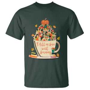 Funny Teacher T Shirt Fall In Love With Learning Autumn Pumpkin Reading Thanksgiving TS11 Dark Forest Green Print Your Wear
