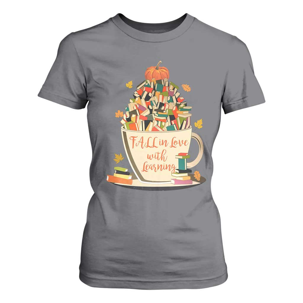 Funny Teacher T Shirt For Women Fall In Love With Learning Autumn Pumpkin Reading Thanksgiving TS11 Charcoal Print Your Wear