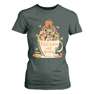 Funny Teacher T Shirt For Women Fall In Love With Learning Autumn Pumpkin Reading Thanksgiving TS11 Dark Forest Green Print Your Wear