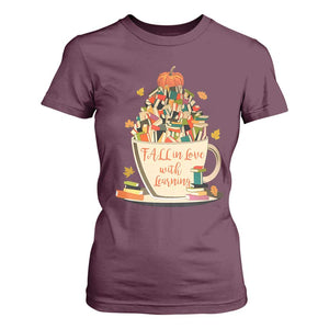 Funny Teacher T Shirt For Women Fall In Love With Learning Autumn Pumpkin Reading Thanksgiving TS11 Maroon Print Your Wear