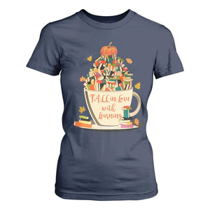 Funny Teacher T Shirt For Women Fall In Love With Learning Autumn Pumpkin Reading Thanksgiving TS11 Navy Print Your Wear