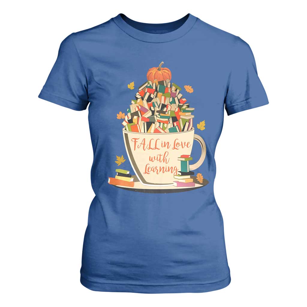 Funny Teacher T Shirt For Women Fall In Love With Learning Autumn Pumpkin Reading Thanksgiving TS11 Royal Blue Print Your Wear