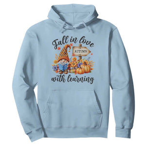 Funny Teacher Hoodie Fall In Love With Learning Autumn Pumpkin Reading Thanksgiving Gnome TS11 Light Blue Print Your Wear