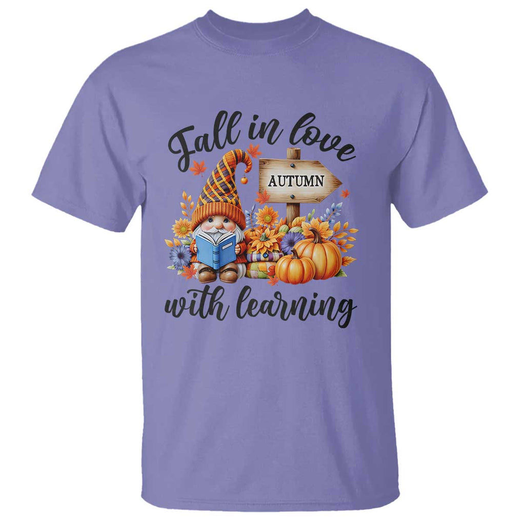 Funny Teacher T Shirt Fall In Love With Learning Autumn Pumpkin Reading Thanksgiving Gnome TS11 Violet Print Your Wear