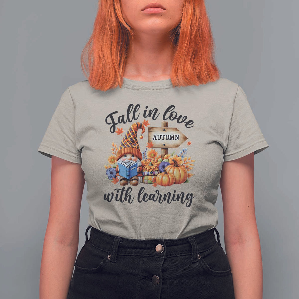 Funny Teacher T Shirt For Women Fall In Love With Learning Autumn Pumpkin Reading Thanksgiving Gnome TS11 Sand Print Your Wear