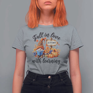 Funny Teacher T Shirt For Women Fall In Love With Learning Autumn Pumpkin Reading Thanksgiving Gnome TS11 Sport Gray Print Your Wear
