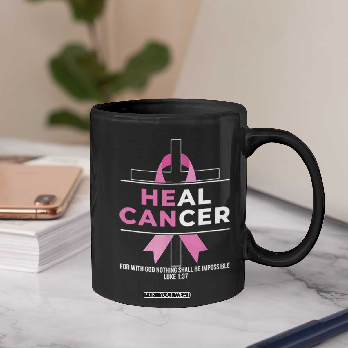 Male Breast Cancer Coffee Mug He Can Heal Cancer Christian Pink Ribbon TS11 Print Your Wear