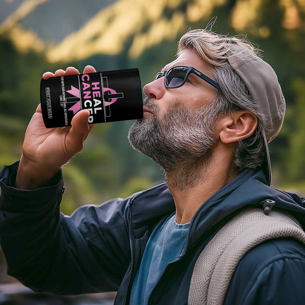 Male Breast Cancer 4 in 1 Can Cooler Tumbler He Can Heal Cancer Christian Pink Ribbon TS11 Print Your Wear