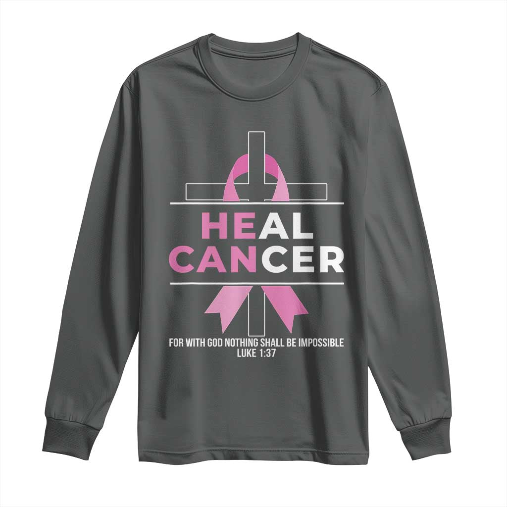 Male Breast Cancer Long Sleeve Shirt He Can Heal Cancer Christian Pink Ribbon TS11 Dark Heather Print Your Wear