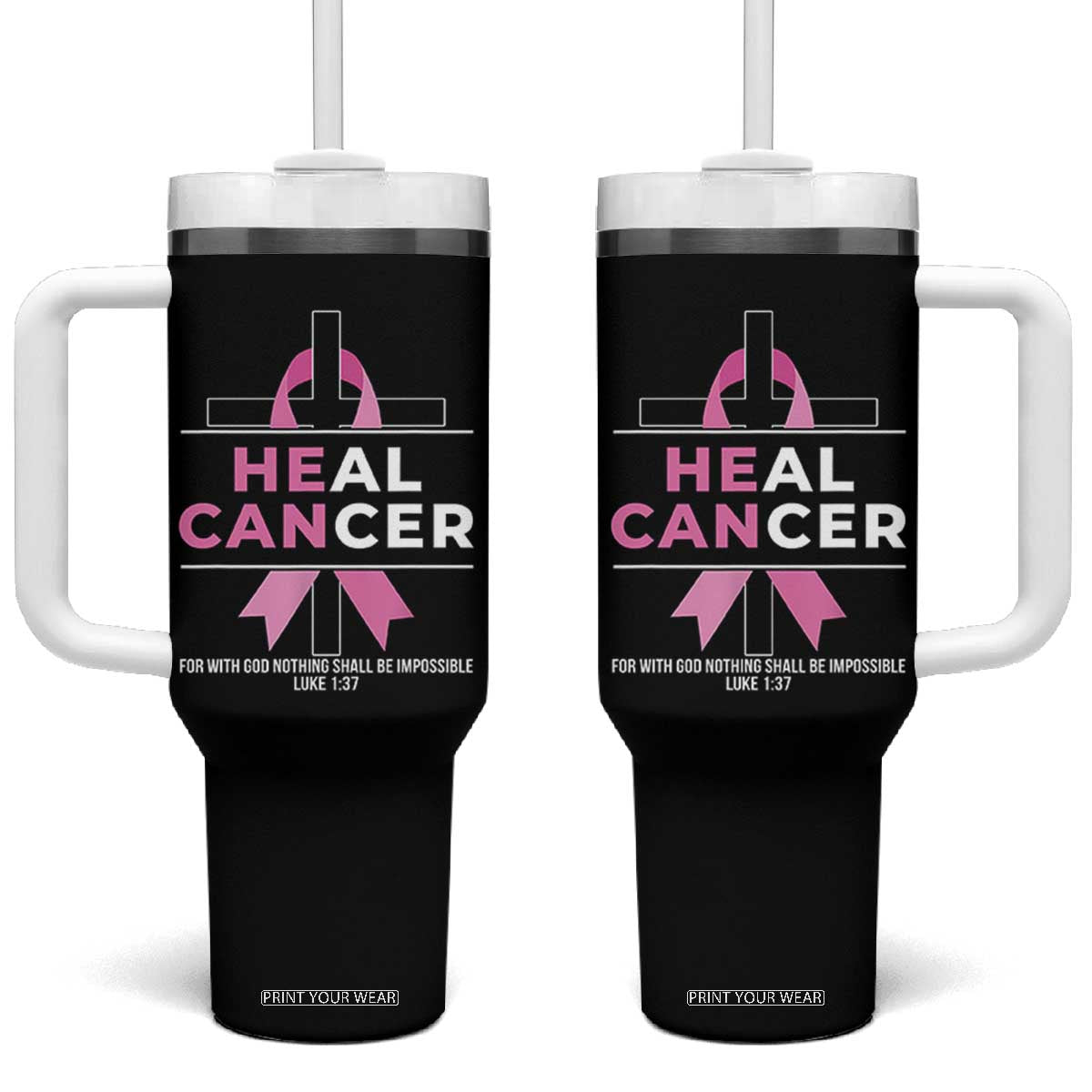 Male Breast Cancer Tumbler With Handle He Can Heal Cancer Christian Pink Ribbon TS11 One Size: 40 oz Black Print Your Wear