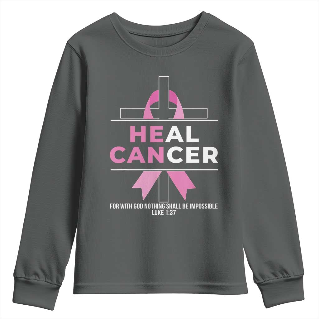 Male Breast Cancer Youth Sweatshirt He Can Heal Cancer Christian Pink Ribbon TS11 Dark Heather Print Your Wear