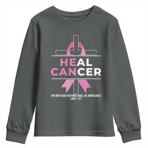 Male Breast Cancer Youth Sweatshirt He Can Heal Cancer Christian Pink Ribbon TS11 Dark Heather Print Your Wear