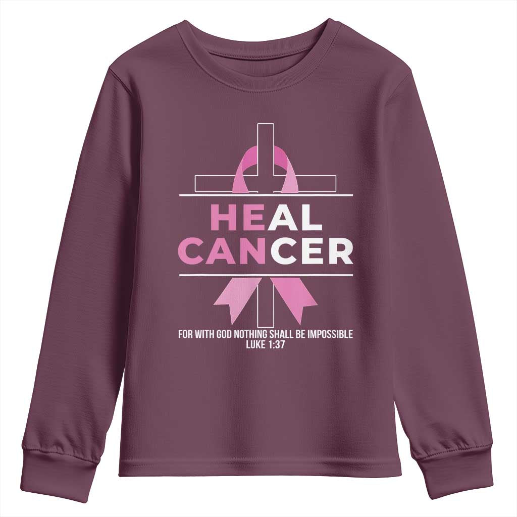 Male Breast Cancer Youth Sweatshirt He Can Heal Cancer Christian Pink Ribbon TS11 Maroon Print Your Wear