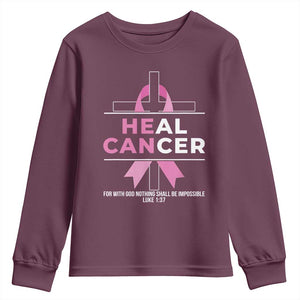 Male Breast Cancer Youth Sweatshirt He Can Heal Cancer Christian Pink Ribbon TS11 Maroon Print Your Wear