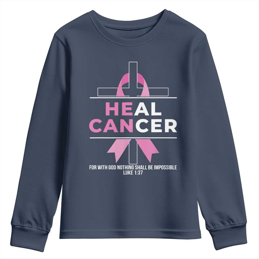 Male Breast Cancer Youth Sweatshirt He Can Heal Cancer Christian Pink Ribbon TS11 Navy Print Your Wear
