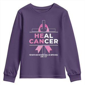 Male Breast Cancer Youth Sweatshirt He Can Heal Cancer Christian Pink Ribbon TS11 Purple Print Your Wear