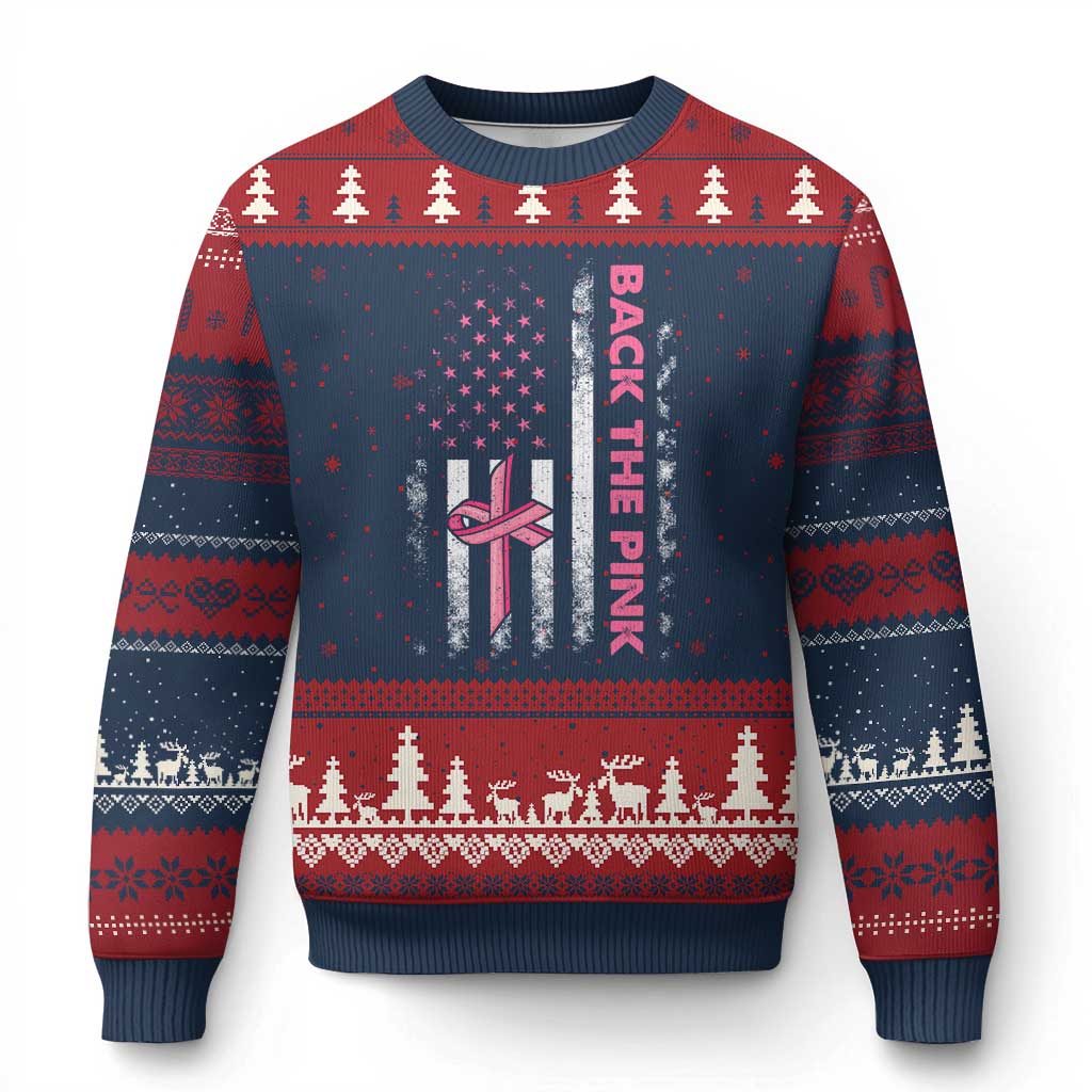 Breast Cancer Awareness Ugly Christmas Sweater Back The Pink Warrior American Flag TS11 Navy Red Print Your Wear