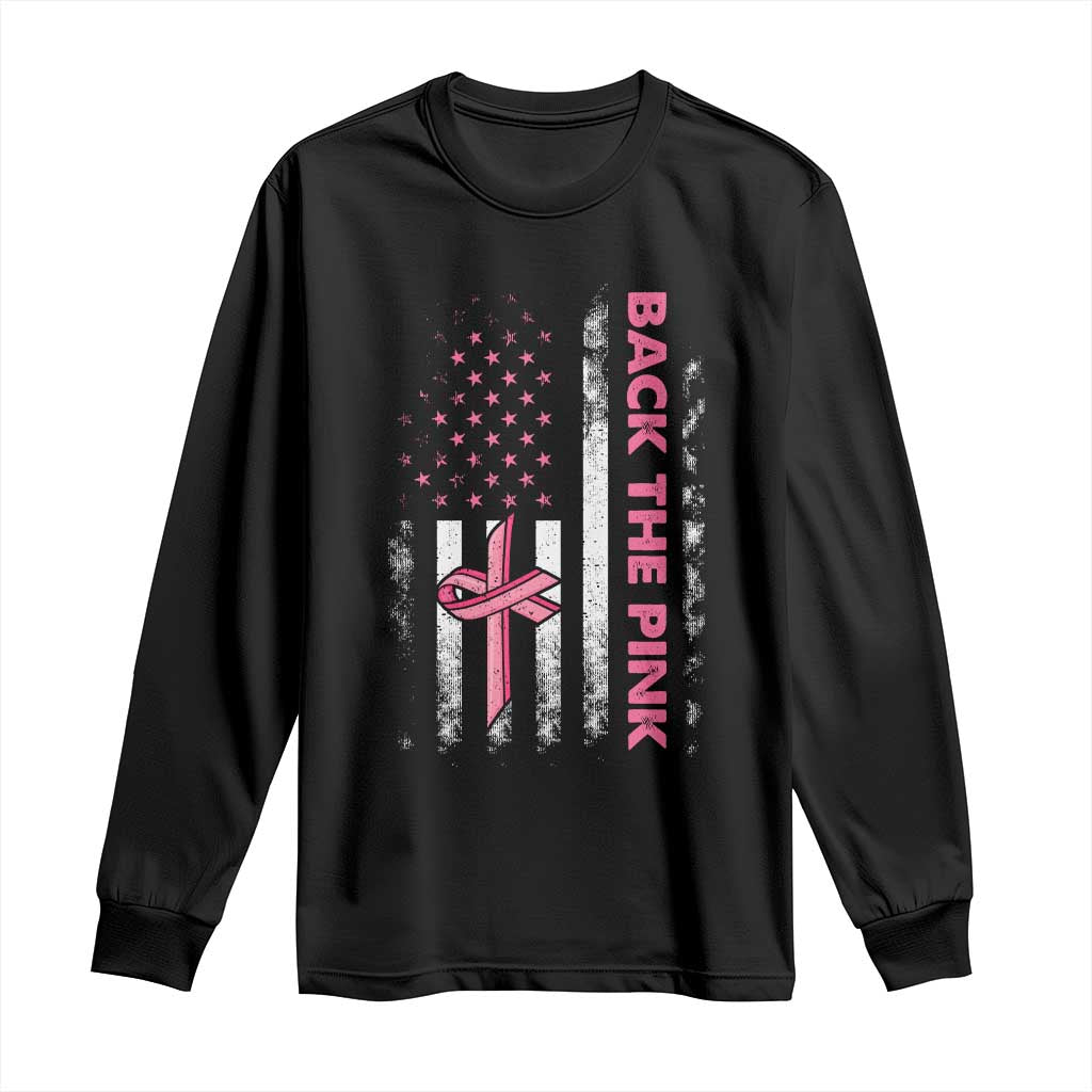 Breast Cancer Awareness Long Sleeve Shirt Back The Pink Warrior American Flag TS11 Black Print Your Wear