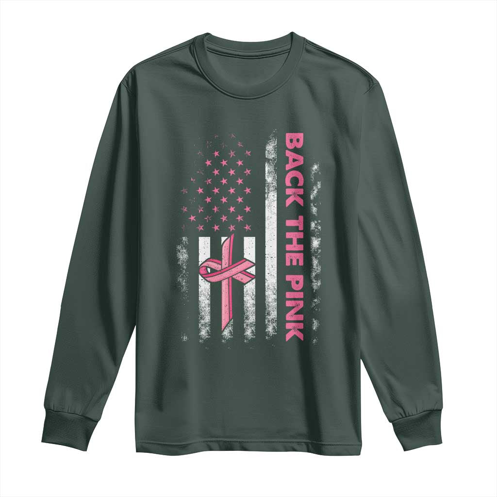 Breast Cancer Awareness Long Sleeve Shirt Back The Pink Warrior American Flag TS11 Dark Forest Green Print Your Wear