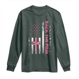 Breast Cancer Awareness Long Sleeve Shirt Back The Pink Warrior American Flag TS11 Dark Forest Green Print Your Wear