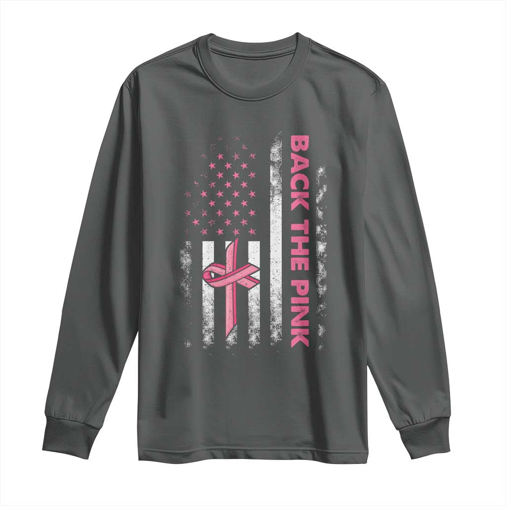 Breast Cancer Awareness Long Sleeve Shirt Back The Pink Warrior American Flag TS11 Dark Heather Print Your Wear
