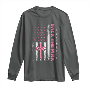 Breast Cancer Awareness Long Sleeve Shirt Back The Pink Warrior American Flag TS11 Dark Heather Print Your Wear