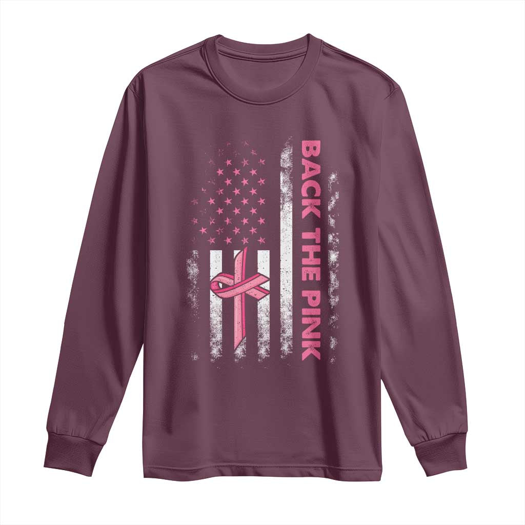 Breast Cancer Awareness Long Sleeve Shirt Back The Pink Warrior American Flag TS11 Maroon Print Your Wear