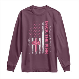 Breast Cancer Awareness Long Sleeve Shirt Back The Pink Warrior American Flag TS11 Maroon Print Your Wear