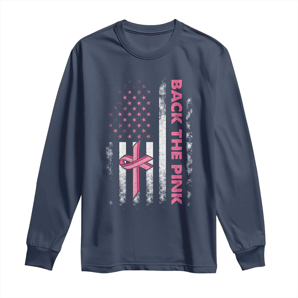 Breast Cancer Awareness Long Sleeve Shirt Back The Pink Warrior American Flag TS11 Navy Print Your Wear