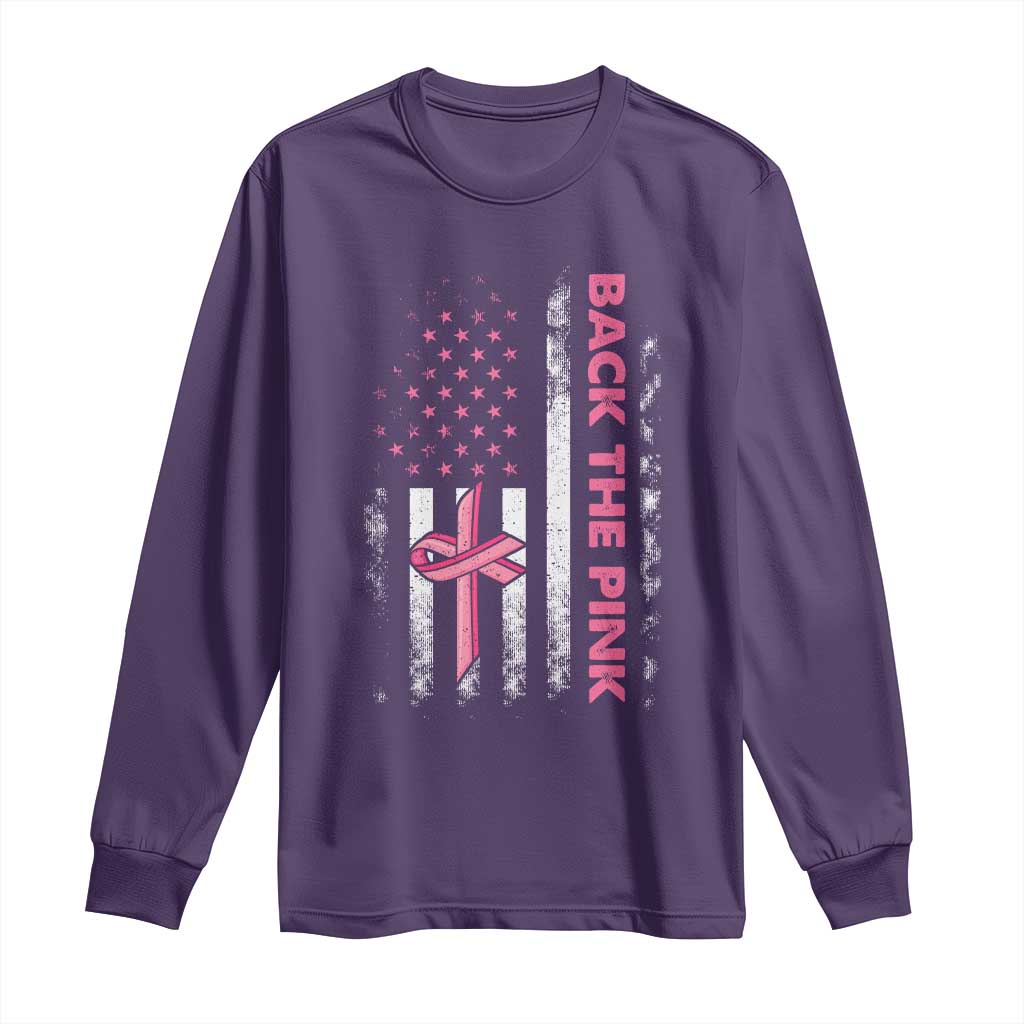 Breast Cancer Awareness Long Sleeve Shirt Back The Pink Warrior American Flag TS11 Purple Print Your Wear