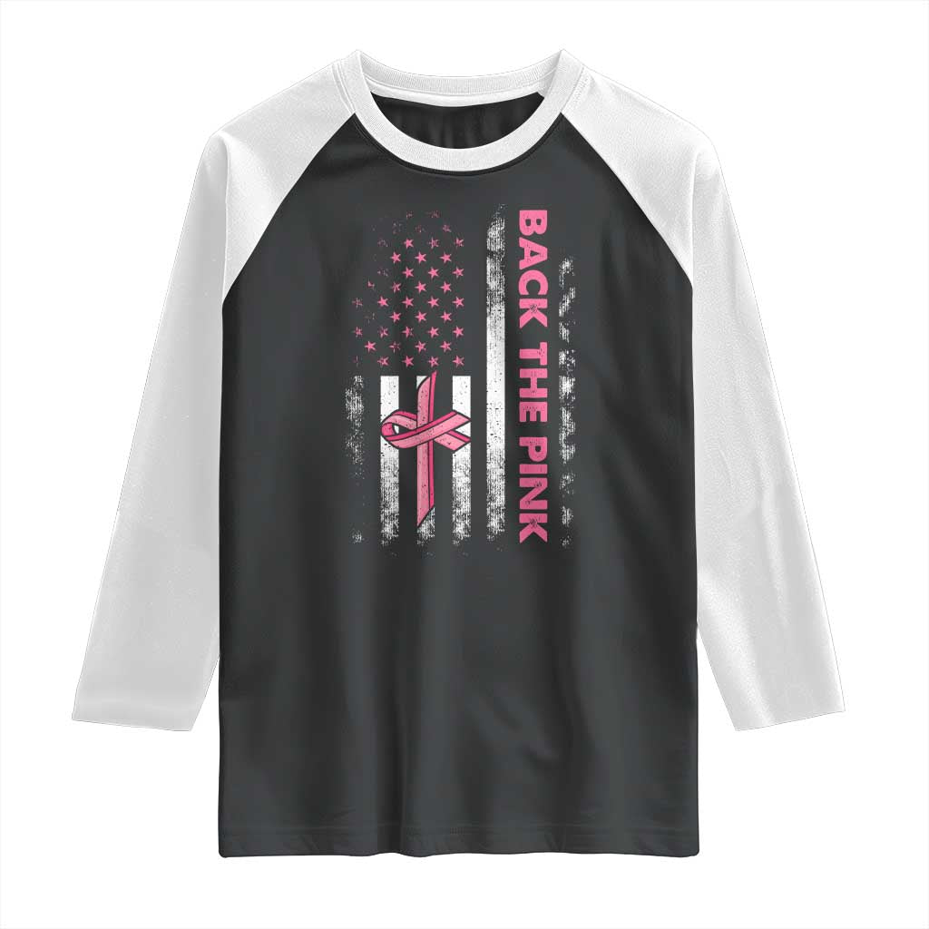 Breast Cancer Awareness Raglan Shirt Back The Pink Warrior American Flag TS11 Black White Print Your Wear