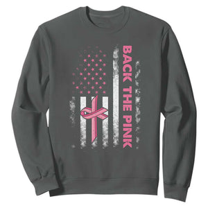 Breast Cancer Awareness Sweatshirt Back The Pink Warrior American Flag TS11 Dark Heather Print Your Wear