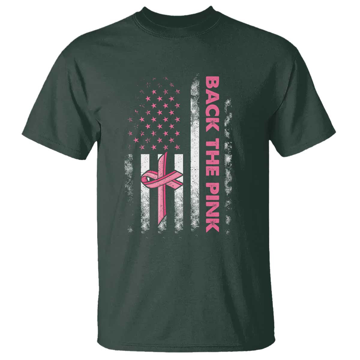 Breast Cancer Awareness T Shirt Back The Pink Warrior American Flag TS11 Dark Forest Green Print Your Wear