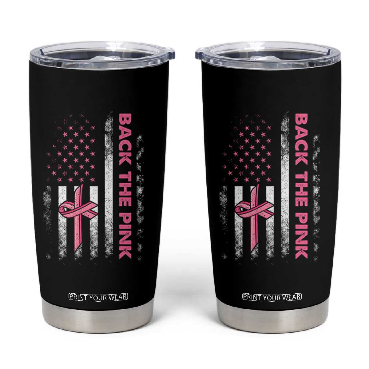 Breast Cancer Awareness Tumbler Cup Back The Pink Warrior American Flag TS11 Black Print Your Wear