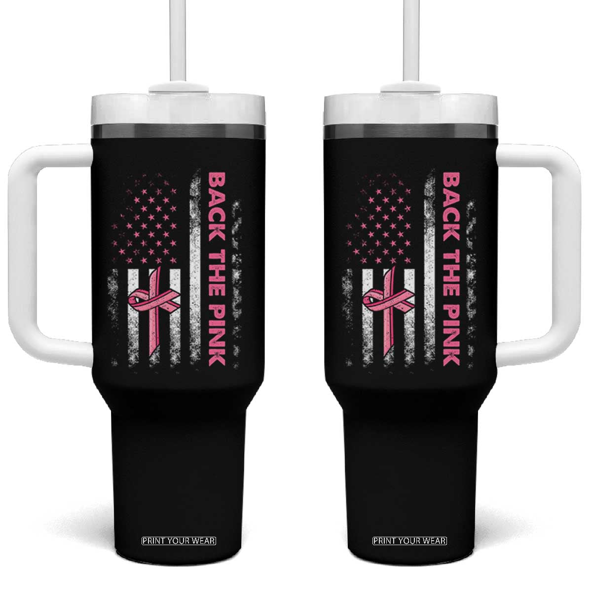 Breast Cancer Awareness Tumbler With Handle Back The Pink Warrior American Flag TS11 One Size: 40 oz Black Print Your Wear