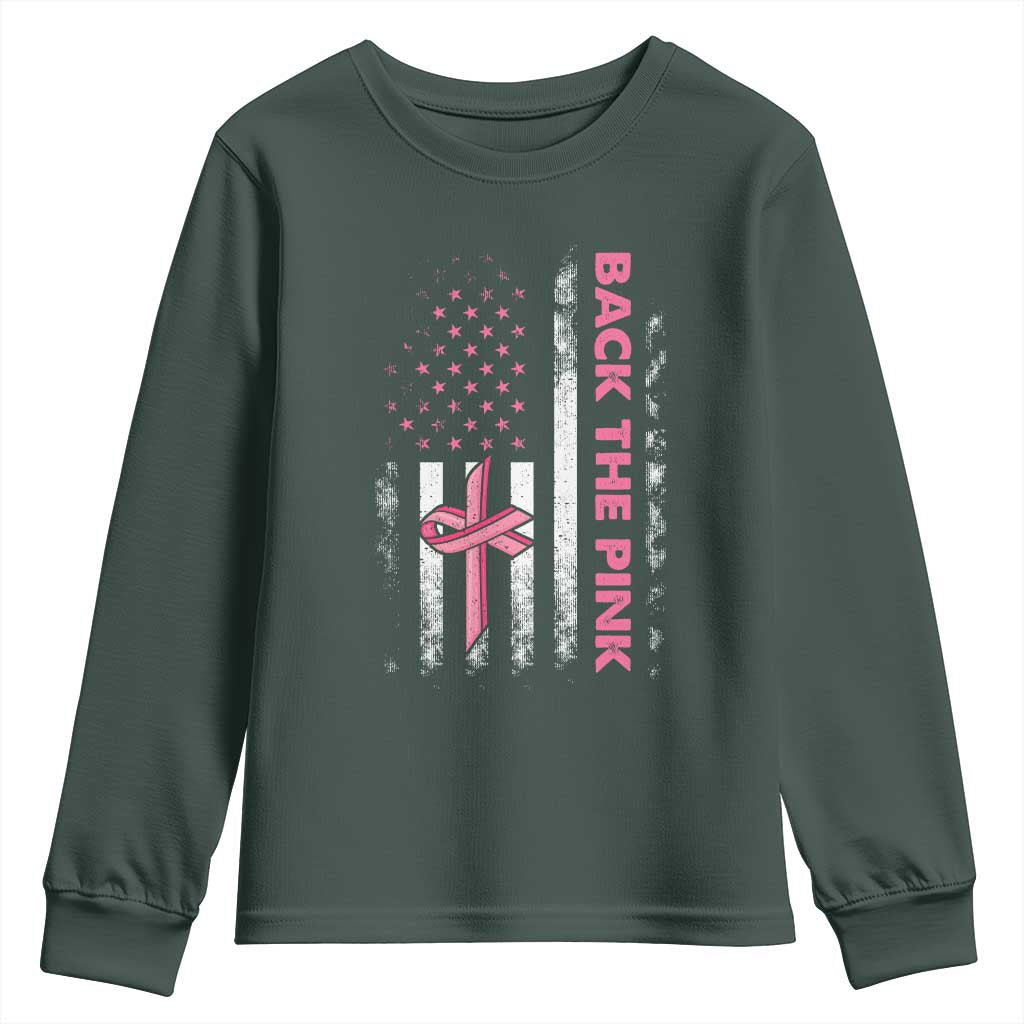 Breast Cancer Awareness Youth Sweatshirt Back The Pink Warrior American Flag TS11 Dark Forest Green Print Your Wear
