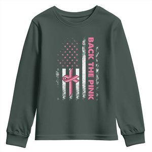 Breast Cancer Awareness Youth Sweatshirt Back The Pink Warrior American Flag TS11 Dark Forest Green Print Your Wear