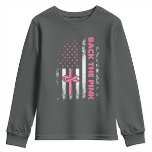 Breast Cancer Awareness Youth Sweatshirt Back The Pink Warrior American Flag TS11 Dark Heather Print Your Wear