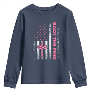 Breast Cancer Awareness Youth Sweatshirt Back The Pink Warrior American Flag TS11 Navy Print Your Wear