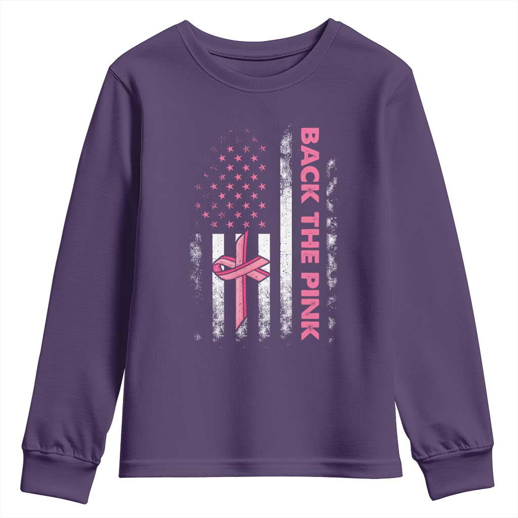Breast Cancer Awareness Youth Sweatshirt Back The Pink Warrior American Flag TS11 Purple Print Your Wear