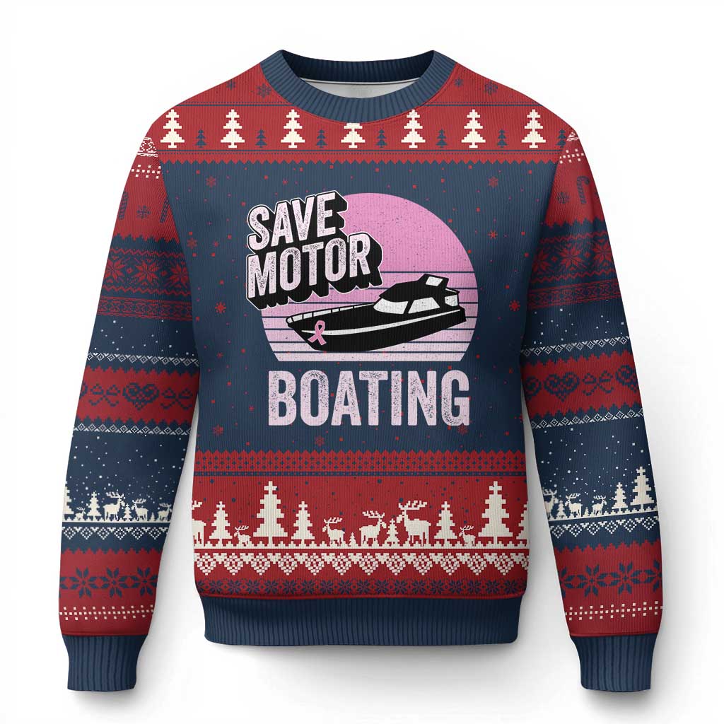 Funny Save Motor Boating Ugly Christmas Sweater Breast Cancer Pink Ribbon TS11 Navy Red Print Your Wear