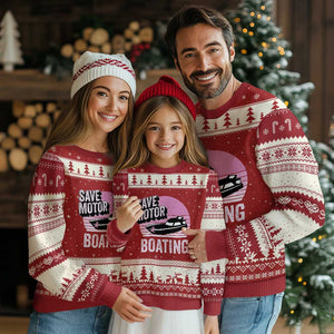 Funny Save Motor Boating Ugly Christmas Sweater Breast Cancer Pink Ribbon TS11 Red Beige Print Your Wear