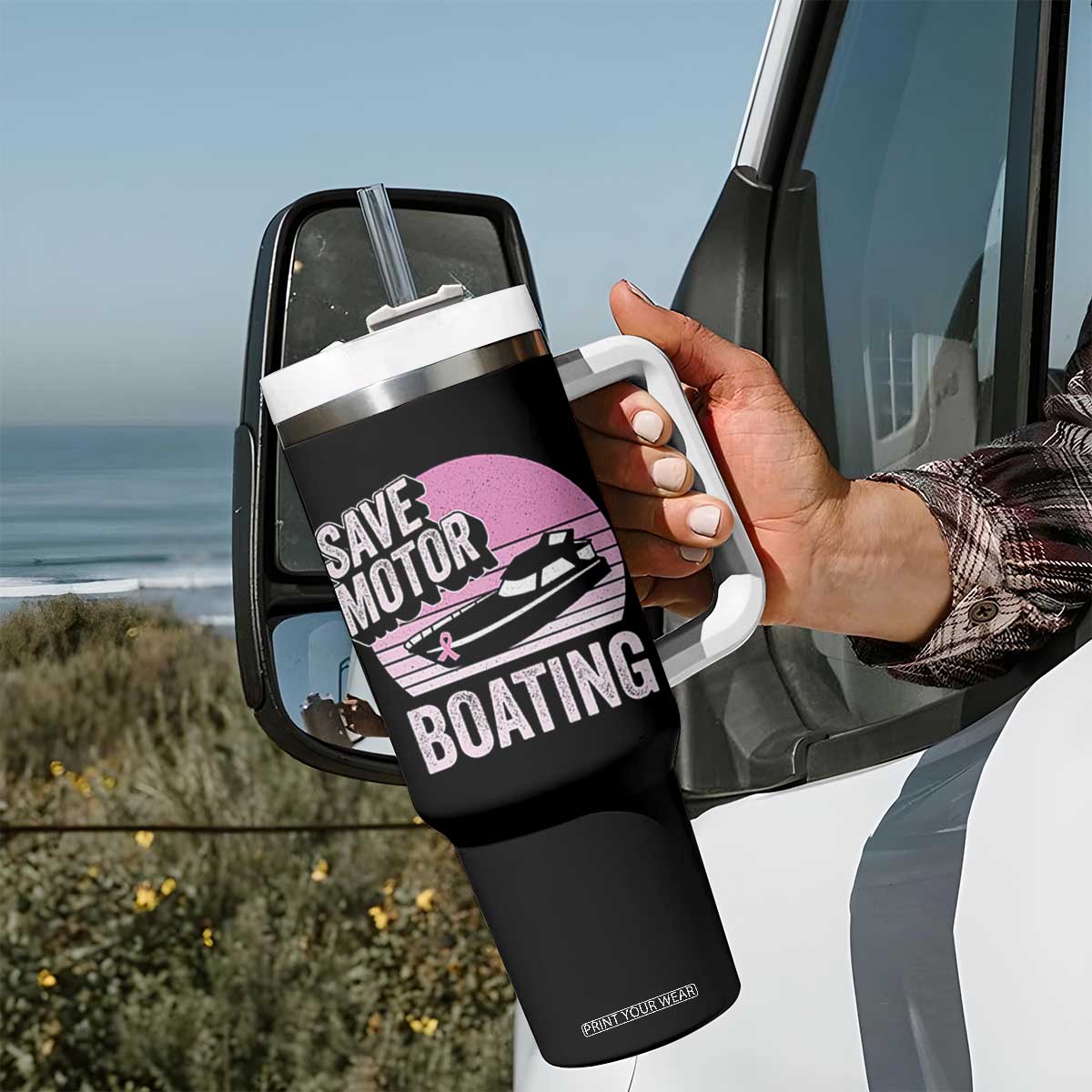 Funny Save Motor Boating Tumbler With Handle Breast Cancer Pink Ribbon TS11 Print Your Wear