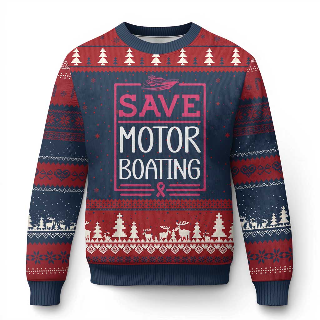 Funny Save Motor Boating Ugly Christmas Sweater Beat Breast Cancer Pink Ribbon TS11 Navy Red Print Your Wear