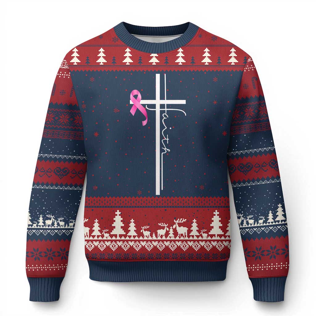 Christian Faith Breast Cancer Awareness Ugly Christmas Sweater Pink Ribbon Christian Cross TS11 Navy Red Print Your Wear
