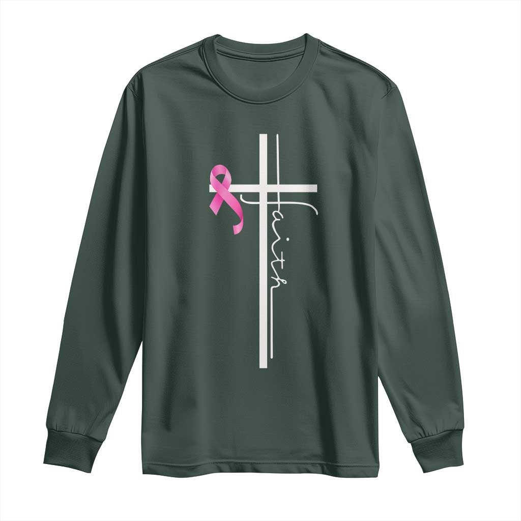 Christian Faith Breast Cancer Awareness Long Sleeve Shirt Pink Ribbon Christian Cross TS11 Dark Forest Green Print Your Wear