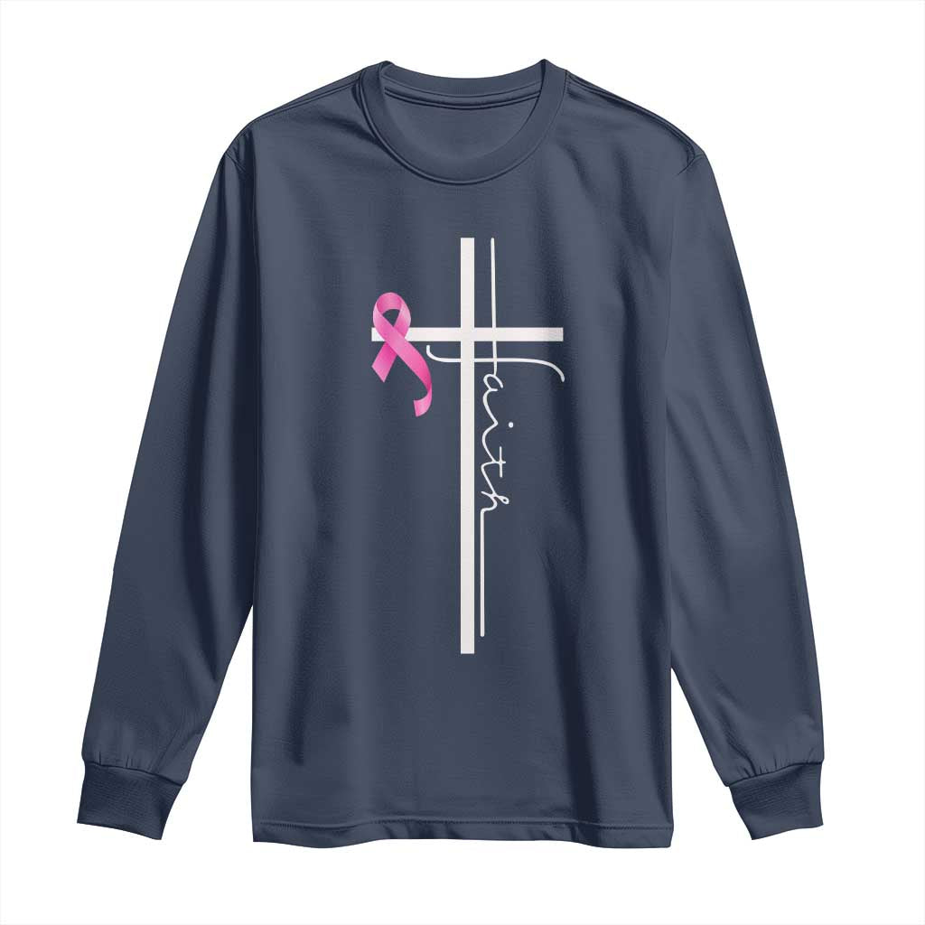 Christian Faith Breast Cancer Awareness Long Sleeve Shirt Pink Ribbon Christian Cross TS11 Navy Print Your Wear