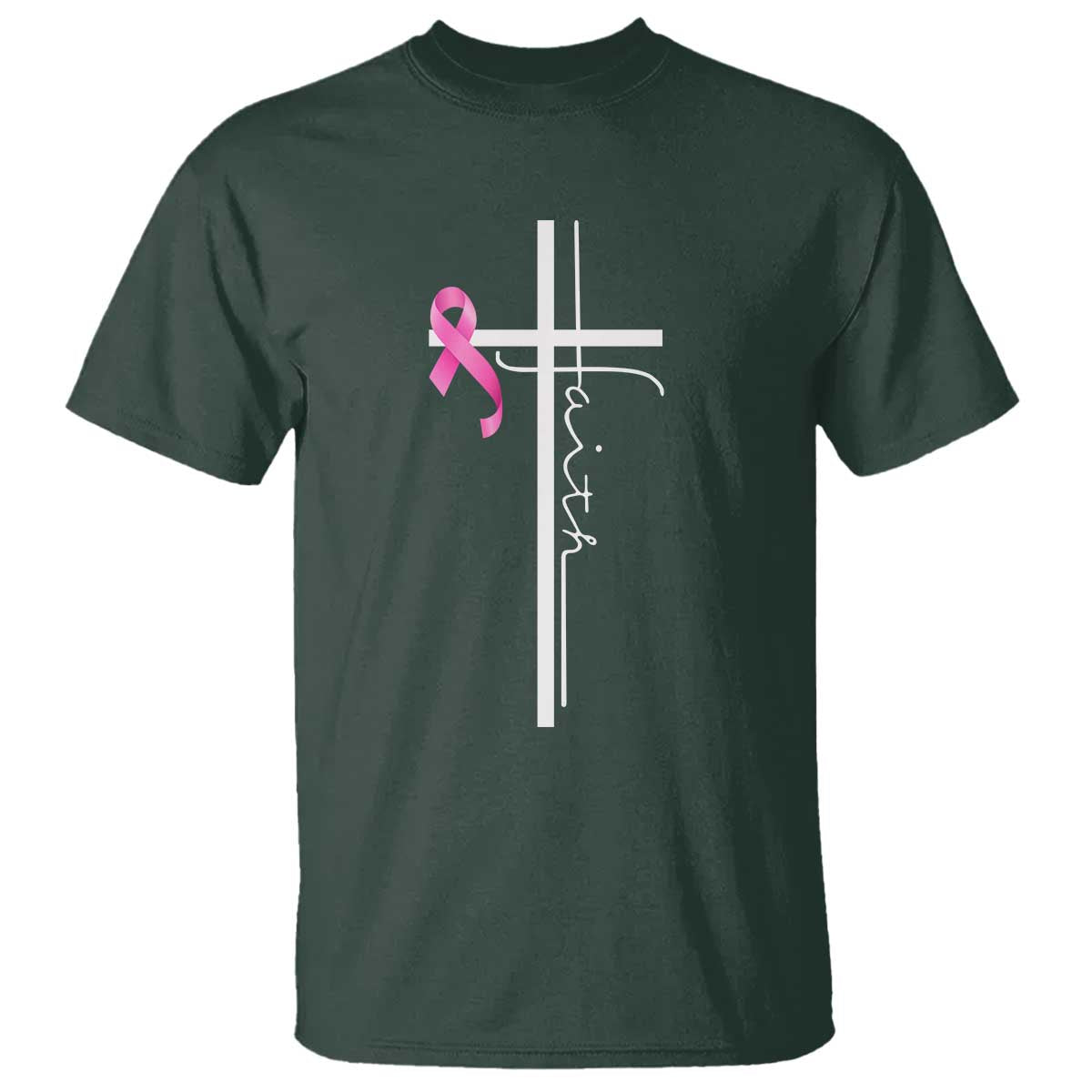 Christian Faith Breast Cancer Awareness T Shirt Pink Ribbon Christian Cross TS11 Dark Forest Green Print Your Wear